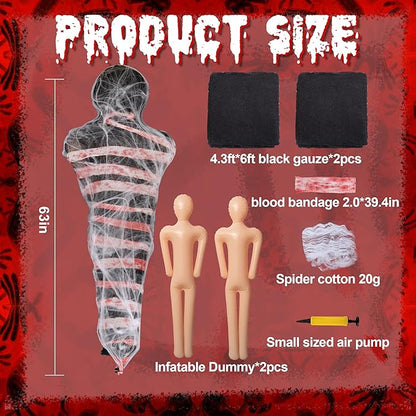 2 Sets Halloween Hanging Cocoon Corpse, 64'' Bloody Inflatable Cocoon Outdoor Decoration Set with Bandage, Scary Dead Body Prop Decor for Outdoor Halloween Party House Yard (Black)