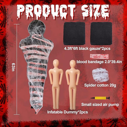 2 Sets Halloween Hanging Cocoon Corpse, 64'' Bloody Inflatable Cocoon Outdoor Decoration Set with Bandage, Scary Dead Body Prop Decor for Outdoor Halloween Party House Yard (Black)