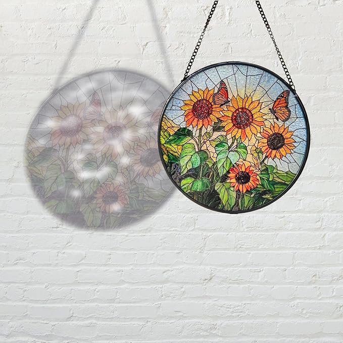 Sunflower Stained Glass Window Hanging Suncatcher, Round Floral Panel with Butterfly, Colourful Window Decor for Home Garden Conservatory Wall, Nature Lover Gift for Mum Grandma