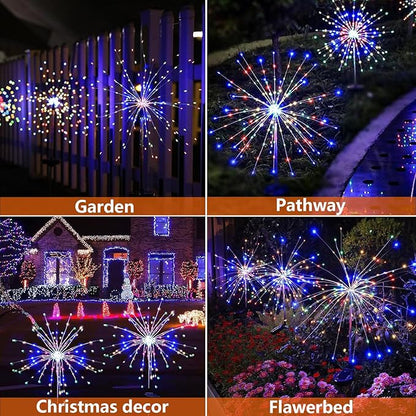 4 Pack Solar Firework Lights Outdoor, Adjustable 32" to 51" Extra Tall, Verified 200 LED Multicolor Stainless Steel 3-Section Pole, 8 Modes Waterproof Starburst Garden Lights for Yard Pathway