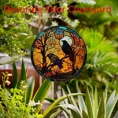 Crow Pattern Suncatcher Stained Glass,Hanging Stained Glass for Windows for Bird Lovers,20cm/7.87inch Sun Catcher Garden Hangings Ornaments Halloween Fall Christmas Decor for Home