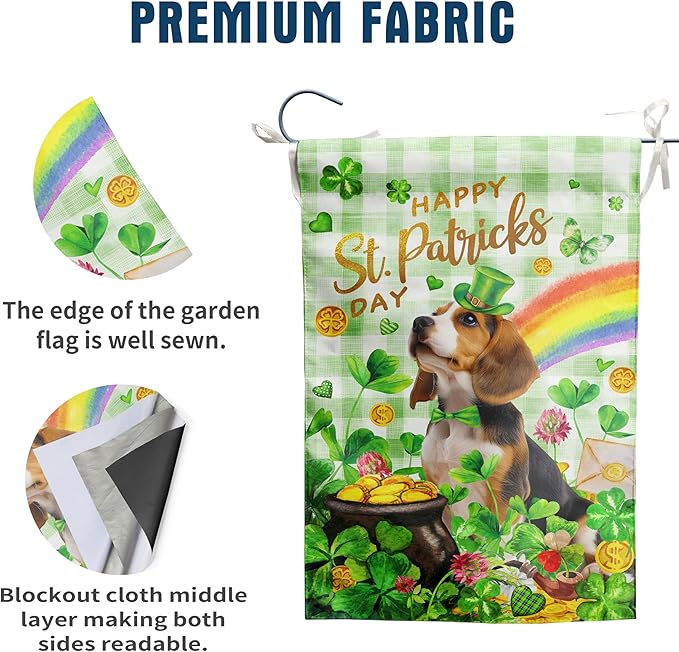 Beagle St Patricks Day Garden Flag Dog St Patrick's Day Yard Flags for Outside 12x18 Double Sided Buffalo Plaid Shamrock Flag Small Outdoor Rainbow St Patrick's Decor