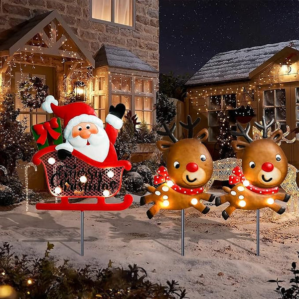 Christmas Yard Stakes Light Up Christmas Outdoor Decorations with LED Santa Claus Reindeers in Sleigh Lighted Metal Yard Stakes Xmas Garden Stake Lawn Pathway Outdoor Decoration