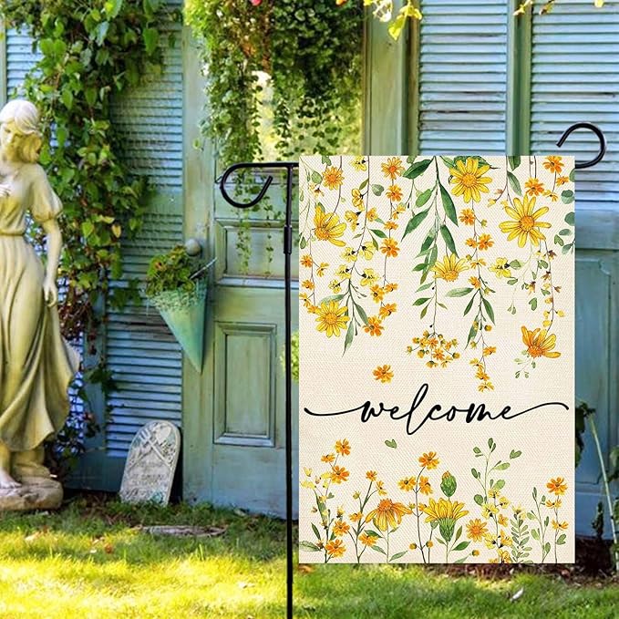 Baccessor Summer Welcome Garden Flag Floral 12.5 x 18 Inch Double Sided Daisy Funny Yellow Spring Seasonal Yard Flag Vertical Farmhouse Yard Outdoor Decoration