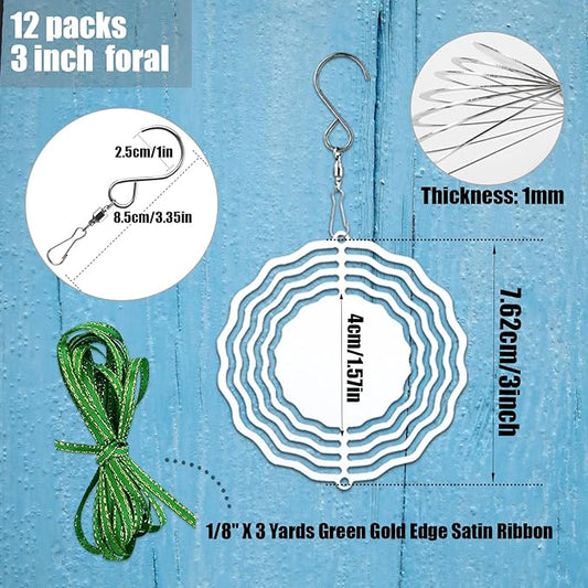 12 Pack 3inch Sublimation Wind Spinner Blanks 3D Aluminum Metal Wind Sculpture Kinetic Spinners for Yard Garden Indoor Art Ornaments Xmas Hanging Decoration (Floral)