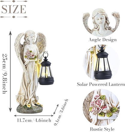 TERESA'S COLLECTIONS Angel Garden Statues with Warm Solar Light for Outdoor Decor, Resin Figurines Holding Solar Lantern for Outside, Lawn Ornament for Yard Patio Hallway, Gifts for Mom Women, 10"