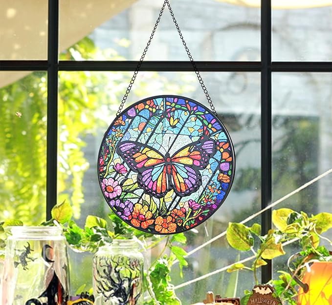Stained Glass Window Hanging - Butterfly and Floral Suncatcher Handmade Decorative Glass Art Panel Sun Catcher for Windows, Home, and Garden, Indoor & Outdoor Decoration