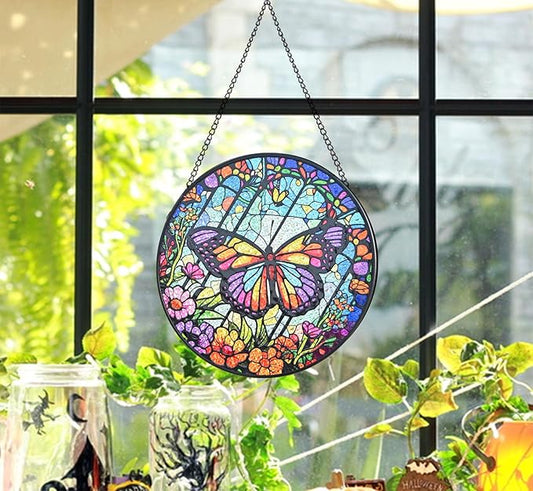 Stained Glass Window Hanging - Butterfly and Floral Suncatcher Handmade Decorative Glass Art Panel Sun Catcher for Windows, Home, and Garden, Indoor & Outdoor Decoration