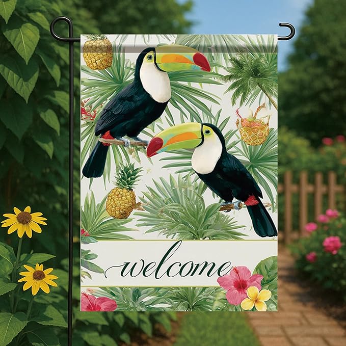 Welcome Toucan Garden Flag Tropical Bird Pineapple Palm Leaves Outdoor Yard Porch Lawn Garden Decor for Summer Island Patio Farmhouse Coastal Seasonal Home Display