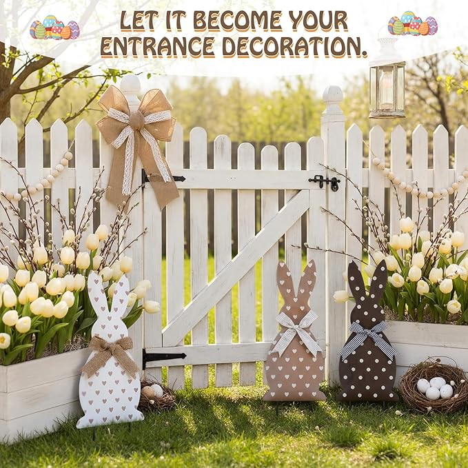 Frienda 3 Pack Metal Easter Bunny Yard Signs Outdoor Decoration 14inch Easter Decorative Garden Stakes Rustic Farmhouse Holiday Decor for Spring Home Pathway Walkway Front Yard Lawn Party Supplies