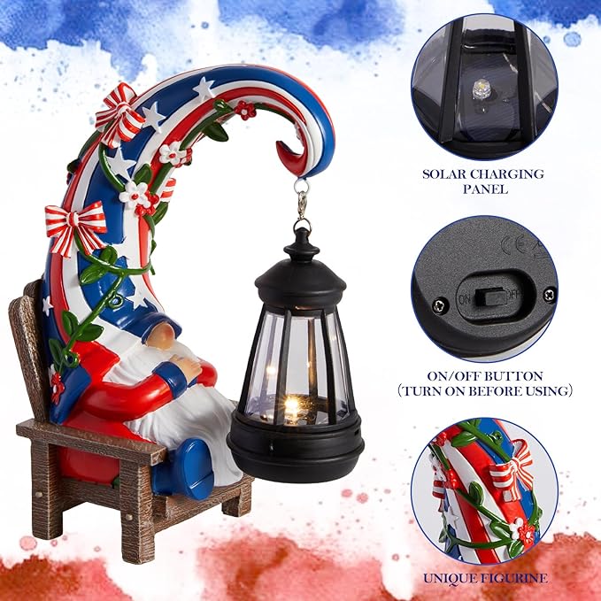 WDS WONDROUS Solar Garden Gnome Statue Decor with LED Lights 4th of July Gnome Decorations for Yard Outdoor Patio Lawn Balcony Decor Birthday Gift for Woman Grandma Outside Independence Day Sulptures