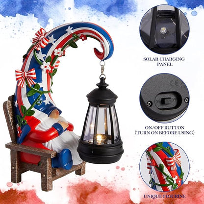 WDS WONDROUS Solar Garden Gnome Statue Decor with LED Lights 4th of July Gnome Decorations for Yard Outdoor Patio Lawn Balcony Decor Birthday Gift for Woman Grandma Outside Independence Day Sulptures