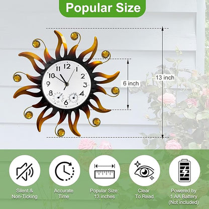 Outable Sun Outdoor Clock Silent No-Ticking Outdoor Clocks Waterproof Decorative Outdoor Clock Thermometer Combo for Patio Garden Outside Decor 13 Inch