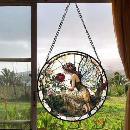 Stained Glass Window Hanging - Butterfly Flower Fairy Suncatcher for Door Terrace Garden Home Decor Yellow Green Plants Sun Catcher Birthday Gifts for Lovers Women Men Dad Mom Nana 9.8 in