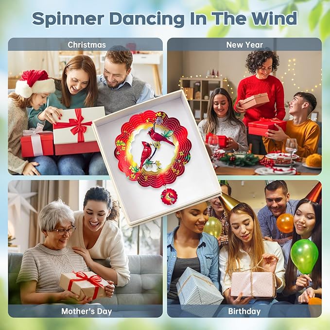 Cardinal Wind Spinner, IDEA SHOW 12Inch Metal 3D Kinetic Metal Wind Spinners, Cardinal Gift for Women, Mom, Garden & Yard Decor Outdoor/Indoor Decoration, Dynamic Art Hanging Sculpture (12In-Cardinal)