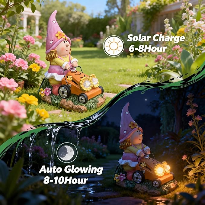 Solar Gnomes Decorations for Fairy Garden Accessories, Fairies Gnome Riding Lawn Mower Figurines for Proch Yard Lawn Outdoor Decor, Mother's Day Unique Gifts for Women