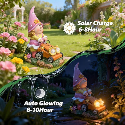 Solar Gnomes Decorations for Fairy Garden Accessories, Fairies Gnome Riding Lawn Mower Figurines for Proch Yard Lawn Outdoor Decor, Mother's Day Unique Gifts for Women