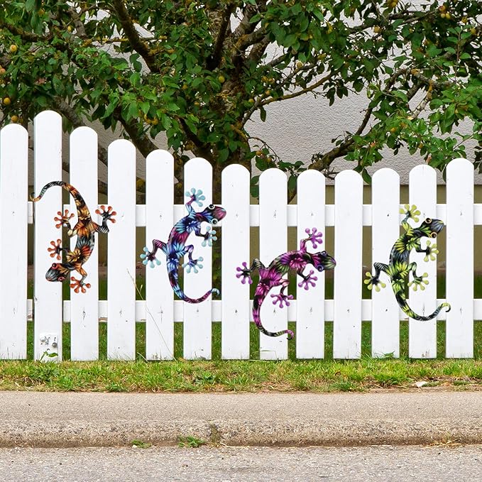 4 Pcs Metal Gecko Wall Art Outdoor Decor Metal Lizards Wall Decor Lizard 8.7 * 11.8 Inch Suitable for Hanging in Yard Garden Patio Fence Home, Idea Gifts for Mom Father Friends