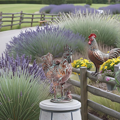 Metal Rooster and Chicks Yard Decor 15.7" L x 18.8" H Outdoor Garden Rooster Statue Sculpture Antique Metal Chicken Yard Art for Home Backyard Patio Lawn,Gift for Mom Grandma and Chicken Lovers
