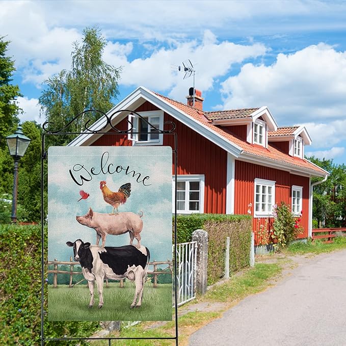 Dyrenson Welcome Summer Rooster Pig Cow Cardinal Farm Decorative House Flag, Country Yard Outside Decoration, Spring Farmhouse Outdoor Large Decor 28x40