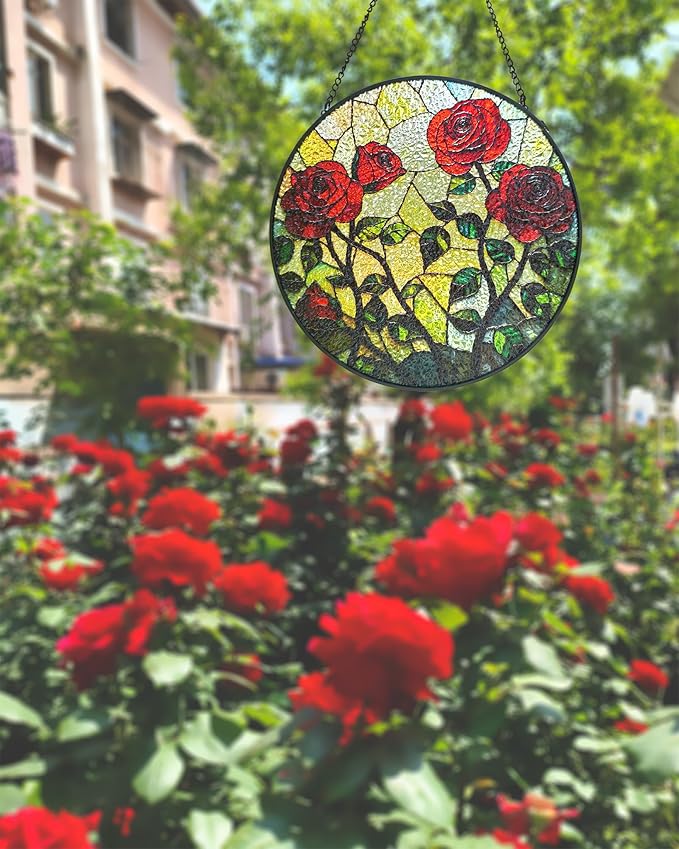 Rose Floral Stained Glass Sun Catcher Window Hanging,Handmade Suncatcher Window Art for Home Decor and Garden,Romantic Gift for Her, Wife or Mom