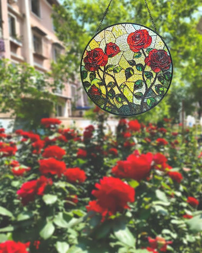Rose Floral Stained Glass Sun Catcher Window Hanging,Handmade Suncatcher Window Art for Home Decor and Garden,Romantic Gift for Her, Wife or Mom