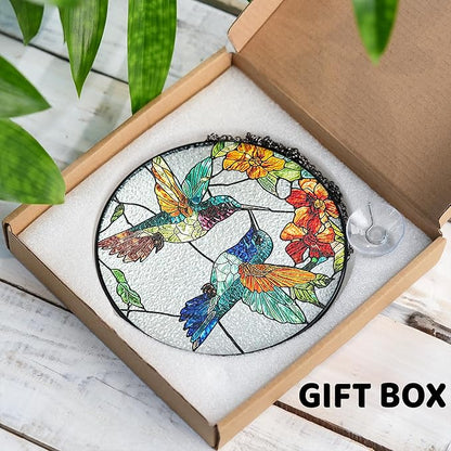 7.8" Hummingbirds Stained Glass Suncatchers Art Glass Tropical Birds for Sun Catcher Indoor Gifts for Pet Animal Nature Floral Lovers Women Grandma Mom Friend Painted Panel Décor BIRD-06B-SG8