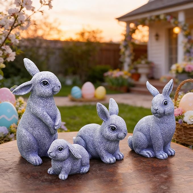 Nacome Bunny Statues for Outdoor Easter Decor: Outside Set of 4 Rabbit Fairy Garden Sculptures for Lawn Porch Patio Balcony Yard Ornaments - Gifts for Mom Grandma