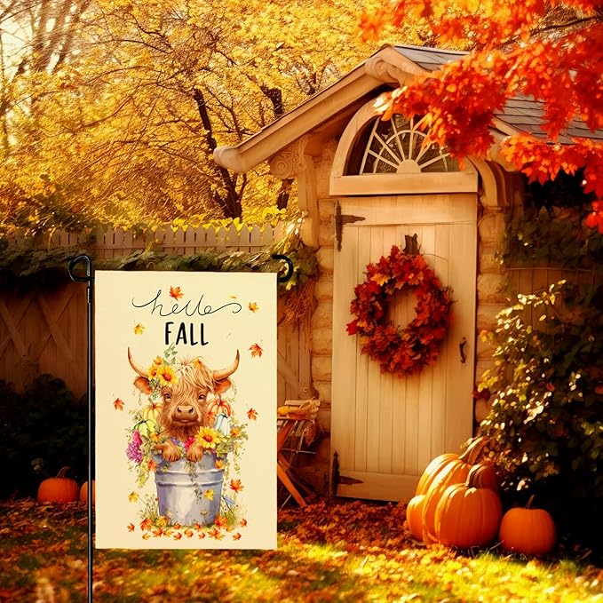 Hello Fall Garden Flag Highland Cow Polyester Yard Flag Double Sided Vertical 12x18 Inch Farmhouse Pumpkin Sunflower Floral Garden Flags Autumn Maple Leaf House Banner for Seasonal Outdoor