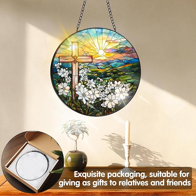 VAIIEYO Cross Sun Catcher Stained Glass Window Hanging Ornament, Handmade Sun Catcher Flower Religion Decoration with Hooks for Window Garden Home, Mother's Day & Birthday Housewarming Gift (7.8 inch)
