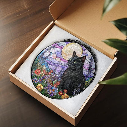 Black Cat Stained Glass Suncatcher – Cat Wild Floral Window Hanging Decor, Cats Memorial Gifts, Pet Loss Sympathy Gift for Pet Lovers, Home & Garden Decoration, Birthday, Christmas, Mother's Day