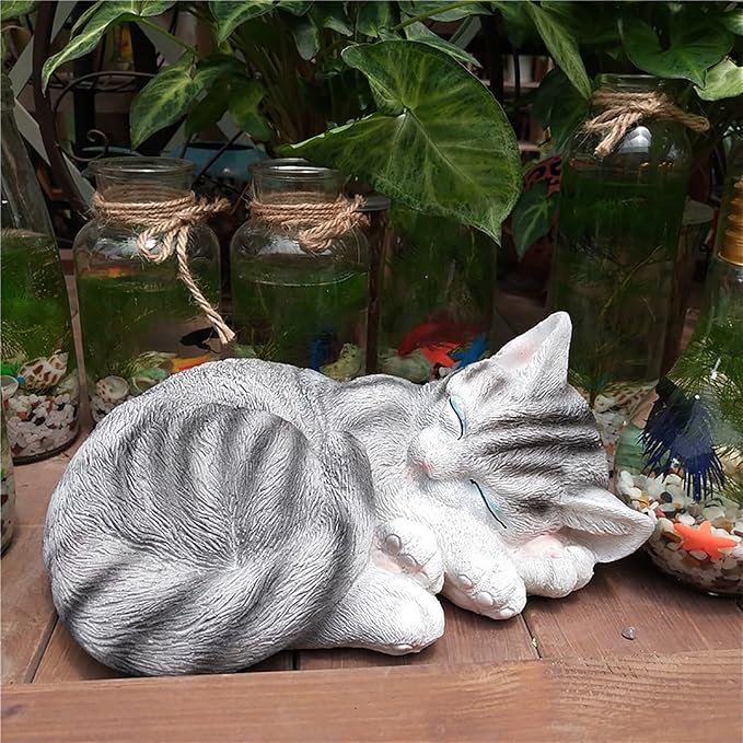 Realistic Cat Garden Outdoor Statue, Sleeping Kitten Figurines Sculpture Decoration for Patio, Yard, Porch Lawn Ornament, Office Home Art Décor Cat Memorial Stone (Grey)