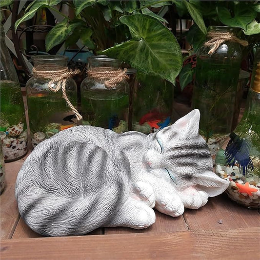 Realistic Cat Garden Outdoor Statue, Sleeping Kitten Figurines Sculpture Decoration for Patio, Yard, Porch Lawn Ornament, Office Home Art Décor Cat Memorial Stone (Grey)