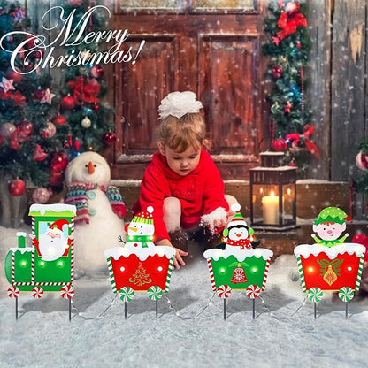 WONDER GARDEN Christmas Yard Stakes, 4 PCS LED Light Christmas Train Decor with Santa Claus, Snowman, Penguin and Elf Yard Signs Yard Decorations for Lawn Decorations