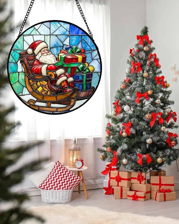 DASTOLL Stained Glass Window Hanging - Santa Claus Gift BoxSuncatcher for Doors Home Christmas Decoration Winter Sun Catcher Thanksgiving New Year Birthday Gift for Women Men Mom Nana 6.3 in