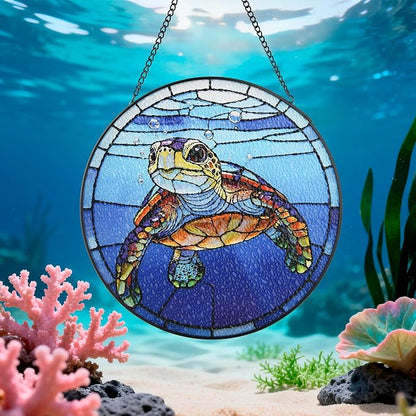 Stained Glass Window Hanging, Big Eyed Turtle Circular Painted Glass Suncatcher with Chain & Suction Cup for Home Garden Door Decor, Birthday for Women Men Mom 7.8 in