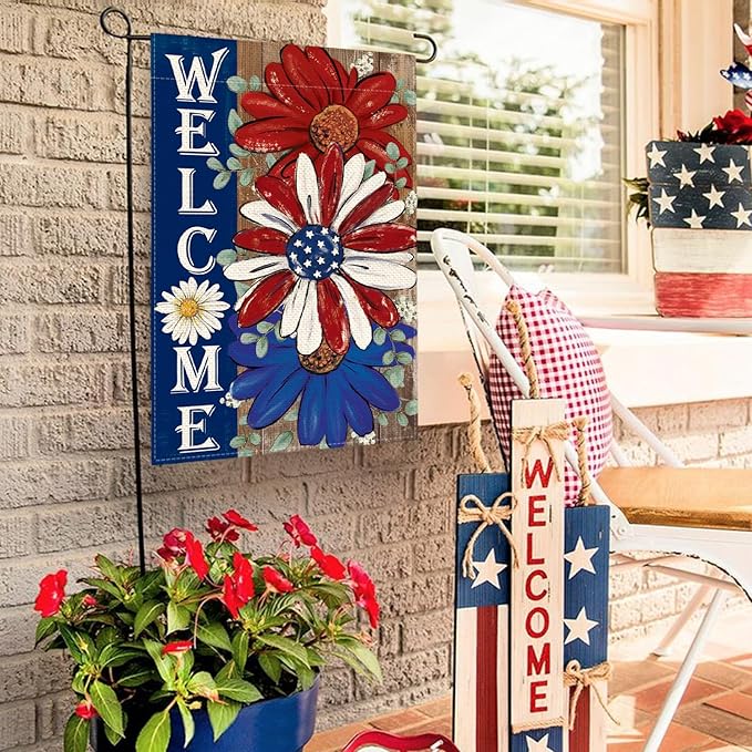 AVOIN colorlife Patriotic 4th of July Garden Flag 12x18 Inch Double Sided Outside, Floral Welcome Daisy Holiday Yard Outdoor Decoration