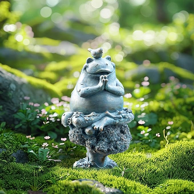 Topadorn Frog Statue Zen Garden Figurines for Home and Garden Decor, Garden Decoration Resin Statuary Yoga Frog, Dark Green