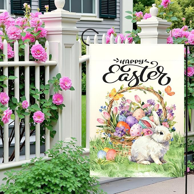 Happy Easter Garden Flag with Bunny Basket Spring Tulips Wildflowers Eggs Cute Rabbit Yard Flags Double Sided Welcome Spring Easter Houde Banner for Porch Lawn Patio Holiday Décor 12 x 18 In