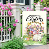 Happy Easter Garden Flag with Bunny Basket Spring Tulips Wildflowers Eggs Cute Rabbit Yard Flags Double Sided Welcome Spring Easter Houde Banner for Porch Lawn Patio Holiday Décor 12 x 18 In