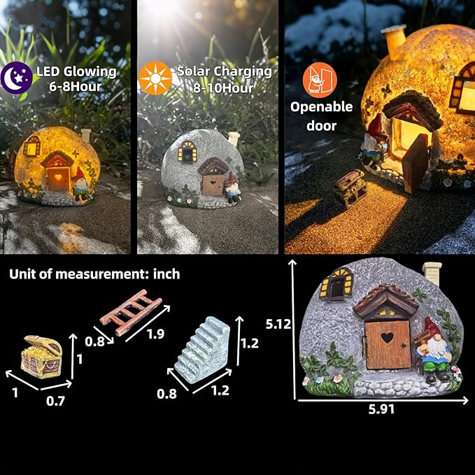 Fairy Garden Accessories Gnome House 4 Pcs Kit, Solar Statues with Openable Door for Yard Lawn Patio, Resin Stone Houses, Treasure chest, staircase, ladder Figurines, Birthday Gifts Idea for Women