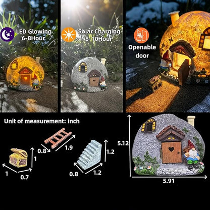 Fairy Garden Accessories Gnome House 4 Pcs Kit, Solar Statues with Openable Door for Yard Lawn Patio, Resin Stone Houses, Treasure chest, staircase, ladder Figurines, Birthday Gifts Idea for Women