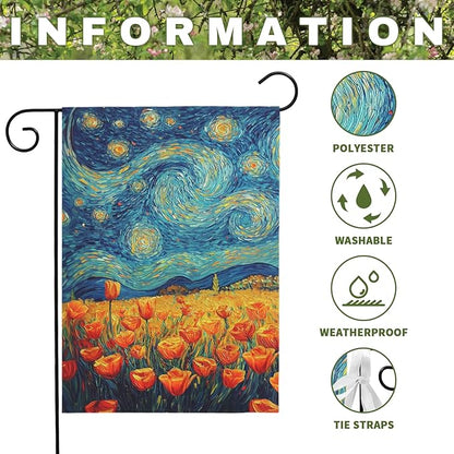 Spring Tulip Garden Flag Summer Van Gogh Starry Night Yard Flags Vibrant Orange Tulips Art Print Seasonal Welcome House Banners for Outdoor Porch Lawn Patio Landscape Decor 12×18 Inch