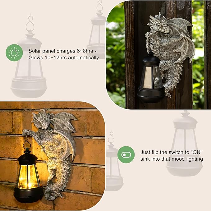 Solar Dragon Statue Outdoor Garden Decor - Medieval Fantasy Yard Art, Whimsical Lawn Ornaments, Unique Decorations Outdoor & Gifts, Weather-Resistant Animal Figurine Gift with Handmade Look