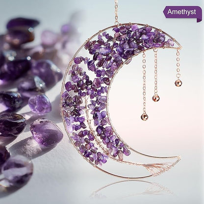 Yoption Amethyst Moon Tree of Life Agate Slice Wind Chime, Handmade Healing Crystal Stone Wind Chime for Home Wall Garden Decorative Ornament, Unique Gift