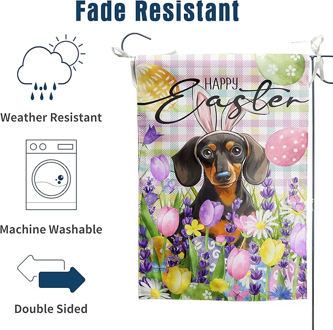 Happy Easter Dog Garden Flag Dachshund Spring Flags Buffalo Plaid Bunny Eggs Yard Flag for Outside 12x18 Double Sided Small Decorative Floral Outdoor Flag