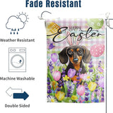 Happy Easter Dog Garden Flag Dachshund Spring Flags Buffalo Plaid Bunny Eggs Yard Flag for Outside 12x18 Double Sided Small Decorative Floral Outdoor Flag