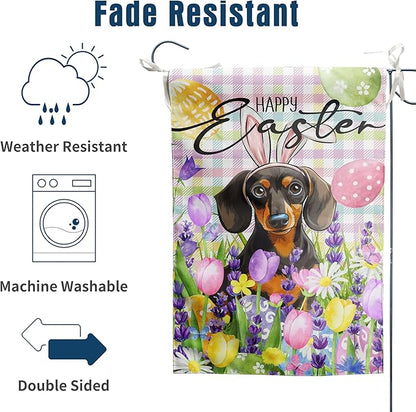 Happy Easter Dog Garden Flag Dachshund Spring Flags Buffalo Plaid Bunny Eggs Yard Flag for Outside 12x18 Double Sided Small Decorative Floral Outdoor Flag