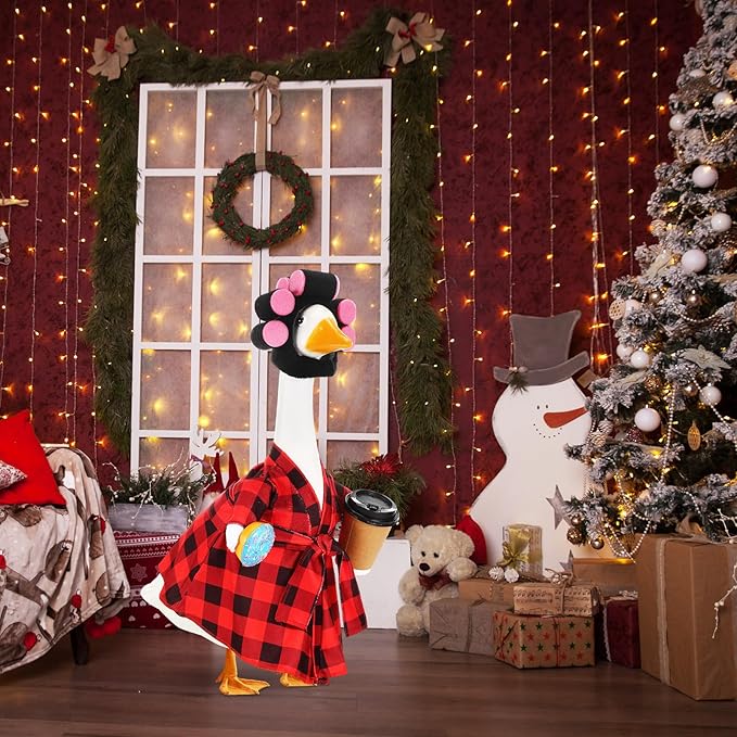 Shyyween Porch Goose Christmas Outfit 23 Inch Lady Goose Statue Clothes Red and Black Plaid Bathrobe Coffee Cup Curlers for Cement Plastic Lawn Geese Outdoor Garden Yard Patio Decoration