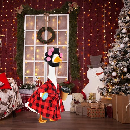 Shyyween Porch Goose Christmas Outfit 23 Inch Lady Goose Statue Clothes Red and Black Plaid Bathrobe Coffee Cup Curlers for Cement Plastic Lawn Geese Outdoor Garden Yard Patio Decoration